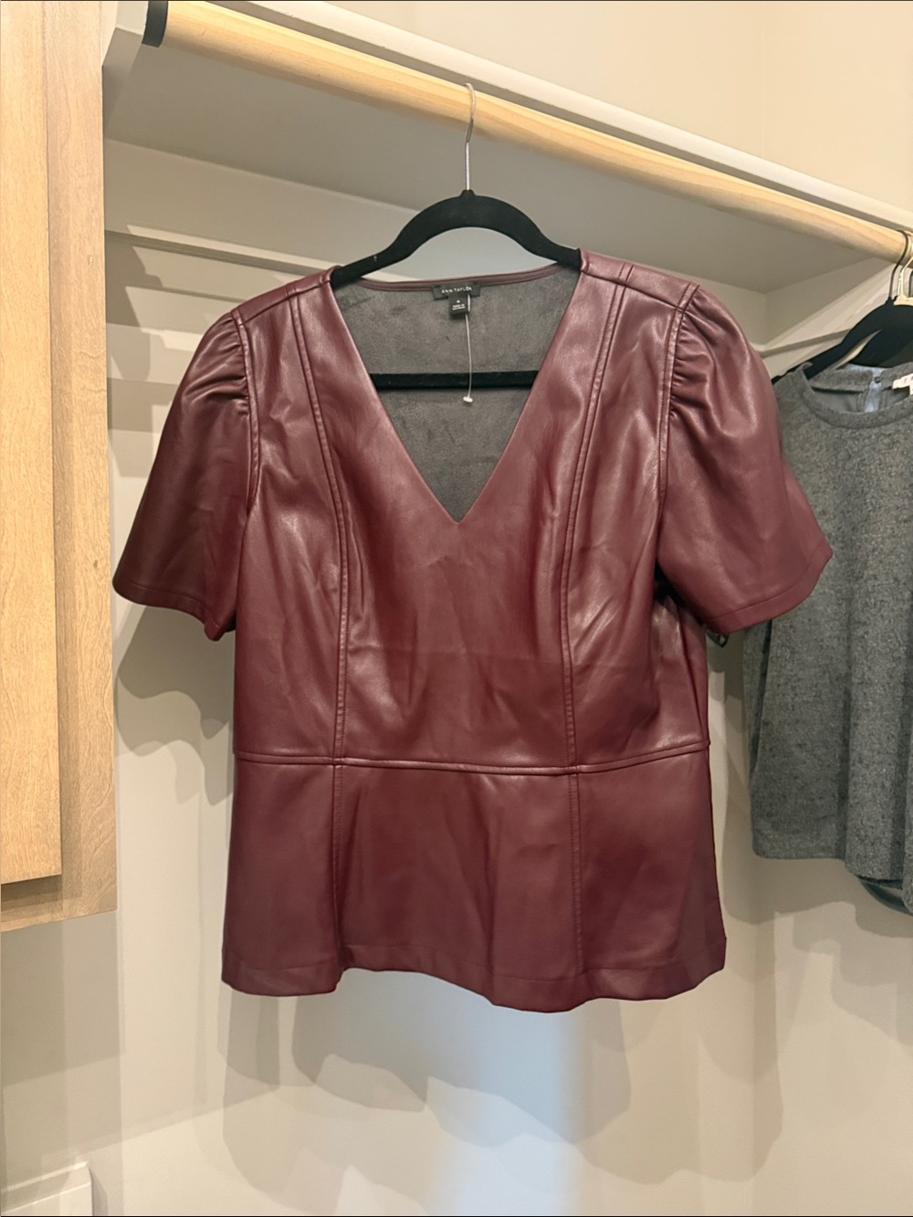 Ann Taylor Burgundy Faux Leather V-Neck Short Sleeve Top
